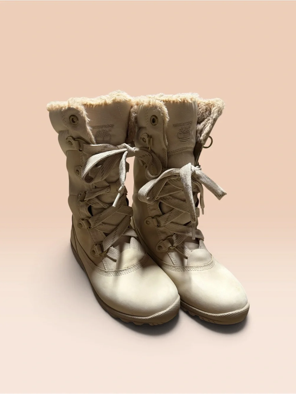 Timberland Unisex Beige Leather Waterproof Faux Fur Lace-Up Mid-Calf Boots 7.5